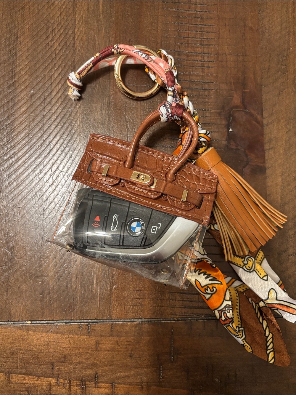 Handmade Mini Purse Charm | Brown Faux Leather | Twilly Scarf Keychain